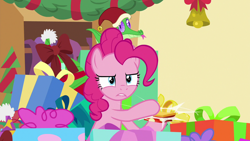 Size: 1280x720 | Tagged: safe, screencap, gummy, pinkie pie, earth pony, pony, best gift ever, christmas, hat, holiday, present, santa hat