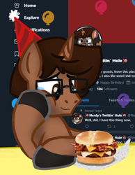 Size: 2352x3026 | Tagged: safe, artist:nerdymexicanunicorn, oc, oc only, oc:nerdy, pony, unicorn, bacon, birthday, burger, cheeseburger, crying, food, glasses, hamburger, hat, male, meat, meta, party hat, solo, tears of joy, twitter, ultimate bacon cheeseburger