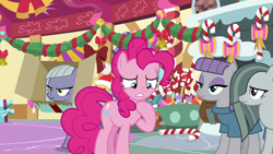 Size: 1280x720 | Tagged: safe, screencap, limestone pie, marble pie, maud pie, pinkie pie, earth pony, pony, best gift ever, candy, candy cane, food