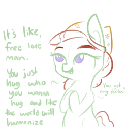 Size: 792x792 | Tagged: safe, artist:tjpones, tree hugger, earth pony, pony, cute, dialogue, free love, green fur, hippie, partial color, purple eyes, simple background, smiling, solo, white background