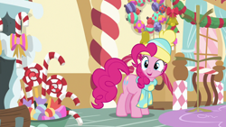 Size: 1280x720 | Tagged: safe, screencap, pinkie pie, earth pony, pony, best gift ever, candy, candy cane, clothes, female, food, hat, mare, open mouth, scarf, solo