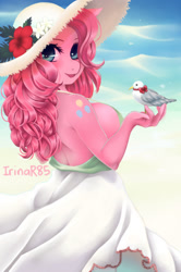 Size: 758x1143 | Tagged: safe, artist:irinar85, pinkie pie, anthro, bird, earth pony, seagull, alternative cutie mark placement, beach, beautiful, breasts, clothes, dress, female, hat, looking at you, looking back, looking back at you, mare, pinkie pies, shoulder cutie mark, solo, sun hat