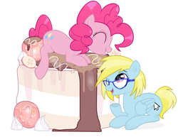 Size: 4681x3610 | Tagged: safe, artist:sattar_ych, pinkie pie, oc, oc:cloud cuddler, earth pony, pegasus, pony, cake, cutie mark, eyes closed, female, food, glasses, mouse cursor, one eye closed, open mouth, simple background, solo, teeth, white background, ych result