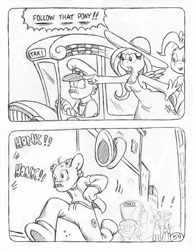 Size: 849x1100 | Tagged: safe, artist:circe, fluttershy, pinkie pie, anthro, unguligrade anthro, comic:soreloser, black and white, clothes, dress, grayscale, manehattan, monochrome, sundress, taxi, traditional art