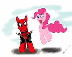 Size: 2404x1905 | Tagged: safe, artist:mr-darkblade, pinkie pie, pony, crossover, deadpool, duo, open mouth, ponified, signature, smiling