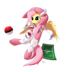 Size: 1280x1408 | Tagged: safe, artist:bighm, fluttershy, pegasus, pony, clothes, cosplay, costume, crossover, cute, kigurumi, pokéball, pokémon, shyabetes, simple background, solo, sylveon, white background