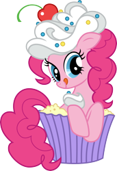 Size: 3000x4379 | Tagged: safe, artist:cloudyglow, pinkie pie, earth pony, pony, .ai available, cherry, cupcake, cute, diapinkes, female, food, frosting, fruit, mare, simple background, solo, sprinkles, tongue out, transparent background, vector