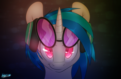 Size: 4000x2600 | Tagged: safe, artist:fluffyxai, dj pon-3, vinyl scratch, pony, unicorn, abstract background, badass, cocky, colored pupils, cool, female, glasses, glowing eyes, headphones, looking at you, mare, smiling, smirk, solo