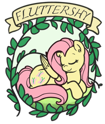 Size: 844x1000 | Tagged: safe, artist:nightmare fuel, fluttershy, pegasus, pony, cute, eyes closed, female, folded wings, happy, mare, name, old banner, prone, sleeping, smiling, solo, vine