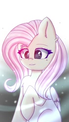 Size: 607x1080 | Tagged: safe, artist:melery-art, fluttershy, pegasus, pony, cross-eyed, female, folded wings, looking at something, mare, raised hoof, sitting, solo, stray strand, three quarter view, wings