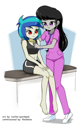 Size: 917x1370 | Tagged: safe, artist:twilite-sparkleplz, dj pon-3, octavia melody, vinyl scratch, equestria girls, barefoot, belly button, clothes, commission, duo, duo female, feet, female, listening, midriff, nurse, nurse outfit, sports bra, sports shorts, stethoscope