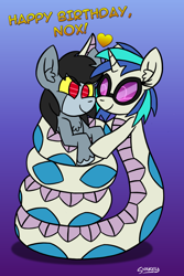 Size: 768x1148 | Tagged: safe, artist:snakeythingy, dj pon-3, vinyl scratch, oc, oc:nox, bat pony, lamia, original species, pony, robot, robot pony, snake pony, birthday, birthday gift, boop, canon x oc, coils, commission, gradient background, heart, looking at you, massage, noseboop, story included