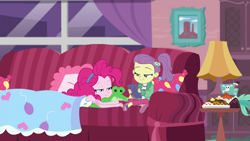 Size: 1920x1080 | Tagged: safe, screencap, gummy, lily pad (equestria girls), pinkie pie, better together, equestria girls, pinkie sitting, young