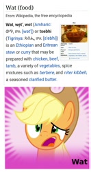 Size: 898x1682 | Tagged: safe, derpibooru import, applejack, earth pony, pony, barely pony related, derpibooru, food, meta, pun, wat, wat (food), wikipedia