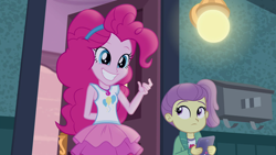 Size: 1920x1080 | Tagged: safe, screencap, lily pad (equestria girls), pinkie pie, better together, equestria girls, pinkie sitting, creepy, creepy smile, geode of sugar bombs, i need an adult, magical geodes, out of context, smiling, young