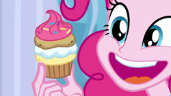 Size: 1920x1080 | Tagged: safe, screencap, pinkie pie, better together, equestria girls, super squad goals, :d, cupcake, cute, diapinkes, faic, food, happy, ponk, puffcake, solo