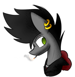 Size: 887x909 | Tagged: safe, artist:nekro-led, oc, oc only, oc:nekro led, earth pony, pony, beard, bust, cigarette, clothes, ear piercing, earring, facial hair, hoodie, jacket, jewelry, male, no pupils, piercing, scar, simple background, smoking, solo, stallion, white background