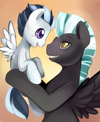 Size: 550x672 | Tagged: safe, artist:ende26, rumble, thunderlane, pony, brothers, cute, duo, holding a pony, looking at each other, male, profile, rumblebetes, smiling, spread wings, thunderbetes