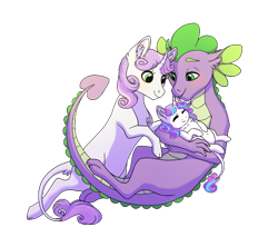 Size: 1800x1600 | Tagged: safe, artist:silcybell, princess flurry heart, spike, sweetie belle, classical unicorn, dragon, pony, unicorn, cloven hooves, curved horn, female, leonine tail, male, older, shipping, simple background, spikebelle, straight, trio, unshorn fetlocks, white background