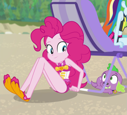 Size: 673x609 | Tagged: safe, screencap, pinkie pie, spike, spike the regular dog, dog, better together, equestria girls, forgotten friendship, clothes, cropped, cute, duo focus, geode of sugar bombs, magical geodes, offscreen character, sleeveless, swimsuit