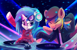 Size: 3960x2560 | Tagged: safe, artist:taneysha, dj pon-3, vinyl scratch, oc, oc:rack redstar, pegasus, pony, unicorn, adidas, clothes, club, commission, eyes closed, female, gopnik, hardbass, hat, headphones, lights, male, mare, music, slav, smiling, stallion, sunglasses, sweater, table, turntable