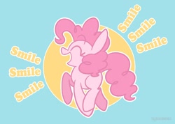 Size: 1000x710 | Tagged: safe, artist:typhwosion, pinkie pie, earth pony, pony, abstract background, cute, diapinkes, excited, eyes closed, female, mare, open mouth, profile, smile smile smile, smiling, solo, text