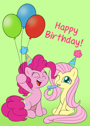 Size: 2142x3000 | Tagged: safe, artist:esfelt, fluttershy, pinkie pie, pegasus, pony, balloon, cute, diapinkes, female, green background, happy birthday, hat, mare, party hat, party horn, shyabetes, simple background