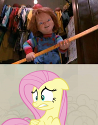 Size: 400x510 | Tagged: safe, artist:mega-shonen-one-64, fluttershy, pegasus, pony, child's play, chucky, closet, crossover, doll, dust, female, floppy ears, flutterbuse, frown, gritted teeth, hasbro, hasbro studios, irl, mare, photo, scared, scary, scary movie, stick, toy, universal studios, wide eyes