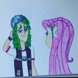 Size: 1080x1080 | Tagged: artist needed, safe, fluttershy, sandalwood, equestria girls, female, male, pencil drawing, sandalshy, shipping, straight, traditional art