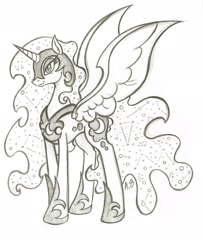 Size: 1671x2056 | Tagged: safe, artist:rossmaniteanzu, nightmare moon, alicorn, pony, armor, grayscale, monochrome, pencil drawing, simple background, solo, traditional art, white background