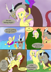 Size: 1000x1396 | Tagged: safe, artist:emilou1985, discord, fluttershy, pegasus, pony, comic:signs, female, inner tube, leaf, male, ocean, pregnant, uncle discord