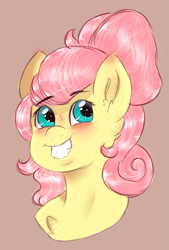 Size: 735x1087 | Tagged: safe, artist:meatballsmom19, fluttershy, pegasus, pony, alternate hairstyle, blushing, bust, chest fluff, cute, ear fluff, hair bun, heart eyes, messy bun, portrait, shyabetes, smiling, solo, wingding eyes