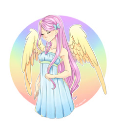 Size: 700x700 | Tagged: safe, artist:makierlendson, fluttershy, human, armpits, bare shoulders, clothes, cute, dress, eyes closed, hair accessory, humanized, shyabetes, sleeveless, solo, strapless, wing fluff, winged humanization, wings