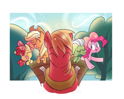 Size: 3896x3121 | Tagged: safe, artist:drawbauchery, apple bloom, applejack, big macintosh, granny smith, pinkie pie, earth pony, pony, pinkie apple pie, apples to the core, cowboy hat, eyes closed, female, filly, hat, male, mare, scene interpretation, smiling, stallion, stetson, tree