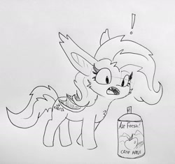 Size: 1529x1440 | Tagged: safe, artist:tjpones, fluttershy, bat pony, pony, air freshener, apple, bat ponified, chest fluff, ear fluff, exclamation point, female, flutterbat, grayscale, lineart, mare, monochrome, open mouth, race swap, sharp teeth, simple background, solo, spray can, teeth, that pony sure does love apples, this will end in tears, traditional art