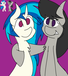 Size: 894x1000 | Tagged: safe, artist:treble clefé, dj pon-3, octavia melody, vinyl scratch, earth pony, pony, unicorn, colored background, cute, duo, female, lesbian, scratchtavia, shipping