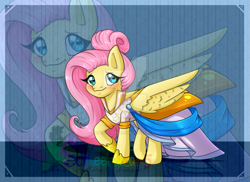 Size: 899x656 | Tagged: safe, artist:sonleeforever5, fluttershy, pegasus, pony, fake it 'til you make it, clothes, cute, deviantart watermark, dress, female, mare, obtrusive watermark, shyabetes, solo, spread wings, warrior of inner strength, warriorshy, watermark, wings, zoom layer