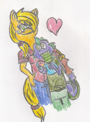 Size: 745x1011 | Tagged: safe, artist:tmntfan85, applejack, spike, anthro, dracony, hybrid, spike at your service, applespike, female, interspecies offspring, male, offspring, parent:applejack, parent:spike, parents:applespike, shipping, straight, traditional art