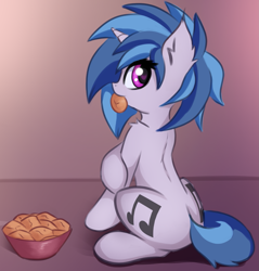 Size: 1433x1500 | Tagged: safe, artist:twiren, dj pon-3, vinyl scratch, pony, unicorn, both cutie marks, cookie, cute, female, food, looking back, mare, sitting, solo, sweet dreams fuel, vinylbetes