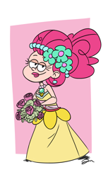 Size: 980x1600 | Tagged: safe, artist:jmdoodle, pinkie pie, human, a canterlot wedding, season 2, bridesmaid, bridesmaid dress, clothes, colored, dress, humanized, lipstick, makeup, royal wedding, style emulation, the loud house