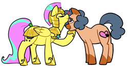 Size: 1826x972 | Tagged: safe, artist:/d/non, oc, oc only, oc:heartspring, oc:star shower, earth pony, pegasus, pony, armor, female, forehead kiss, male, mare, royal guard, simple background, stallion, tail wrap, white background