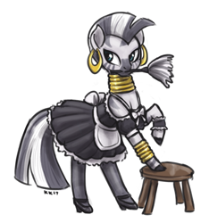 Size: 800x855 | Tagged: safe, artist:king-kakapo, zecora, zebra, /mlp/, bipedal, bipedal leaning, clothes, cute, female, leaning, lidded eyes, maid, mare, mouth hold, raised hoof, simple background, smiling, solo, stool, white background