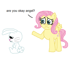 Size: 378x310 | Tagged: safe, artist:unusedbrony, angel bunny, fluttershy, pegasus, pony, rabbit, 1000 hours in ms paint, sad