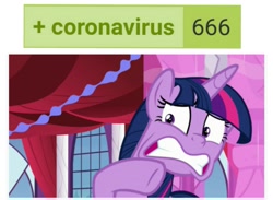 Size: 1269x931 | Tagged: safe, edit, edited screencap, screencap, twilight sparkle, twilight sparkle (alicorn), alicorn, pony, between dark and dawn, 666, coronavirus, covid-19, derpibooru, meta, op is a cuck, op is a mallard, op is still a duck, op is still a mallard, ruh roh, scared, solo, tags, twilighting