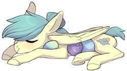 Size: 833x469 | Tagged: safe, artist:amphoera, oc, oc only, oc:venti via, pegasus, pony, egg, frog (hoof), simple background, sleeping, solo, underhoof, white background