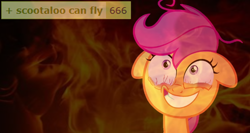 Size: 764x405 | Tagged: safe, editor:logan jones, scootaloo, pegasus, pony, 666, bloodshot eyes, crazy face, demonic, derpibooru, faic, female, filly, fire, hell, insanity, meta, number of the beast, tags