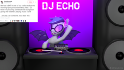 Size: 1280x720 | Tagged: safe, artist:batponyecho, dj pon-3, vinyl scratch, oc, oc only, oc:echo, bat pony, pony, 3d, bat pony oc, bat wings, disc, dj echo, female, headphones, jockey, looking at you, mare, meta, sfm pony, smiling, smiling at you, solo, source filmmaker, spread wings, sunglasses, twitter, wings, wub