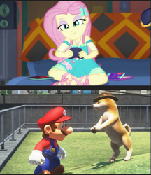 Size: 473x548 | Tagged: safe, edit, fluttershy, dog, better together, equestria girls, game stream, cropped, cute, doge, mario, marioshy, meme, nintendo, shiba inu, smugshy, super mario bros., super mario odyssey, video game