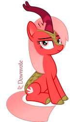 Size: 1590x2600 | Tagged: safe, artist:arifproject, edit, oc, oc:downvote, kirin, pony, cloven hooves, cute, derpibooru, derpibooru ponified, female, horn, kirin-ified, looking at you, mare, meta, ponified, simple background, sitting, smiling, smirk, species swap, text, transparent background, vector