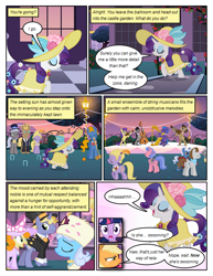 Size: 612x792 | Tagged: safe, artist:newbiespud, derpibooru import, edit, edited screencap, screencap, octavia melody, rarity, twilight sparkle, unicorn twilight, earth pony, pony, unicorn, comic:friendship is dragons, background pony, background pony audience, bipedal, bowtie, cello, clothes, comic, croquet, dialogue, dress, eyes closed, female, freckles, hat, male, mare, monocle, mouth hold, musical instrument, necktie, raised hoof, screencap comic, smiling, stallion, suit, sun hat, top hat, violin